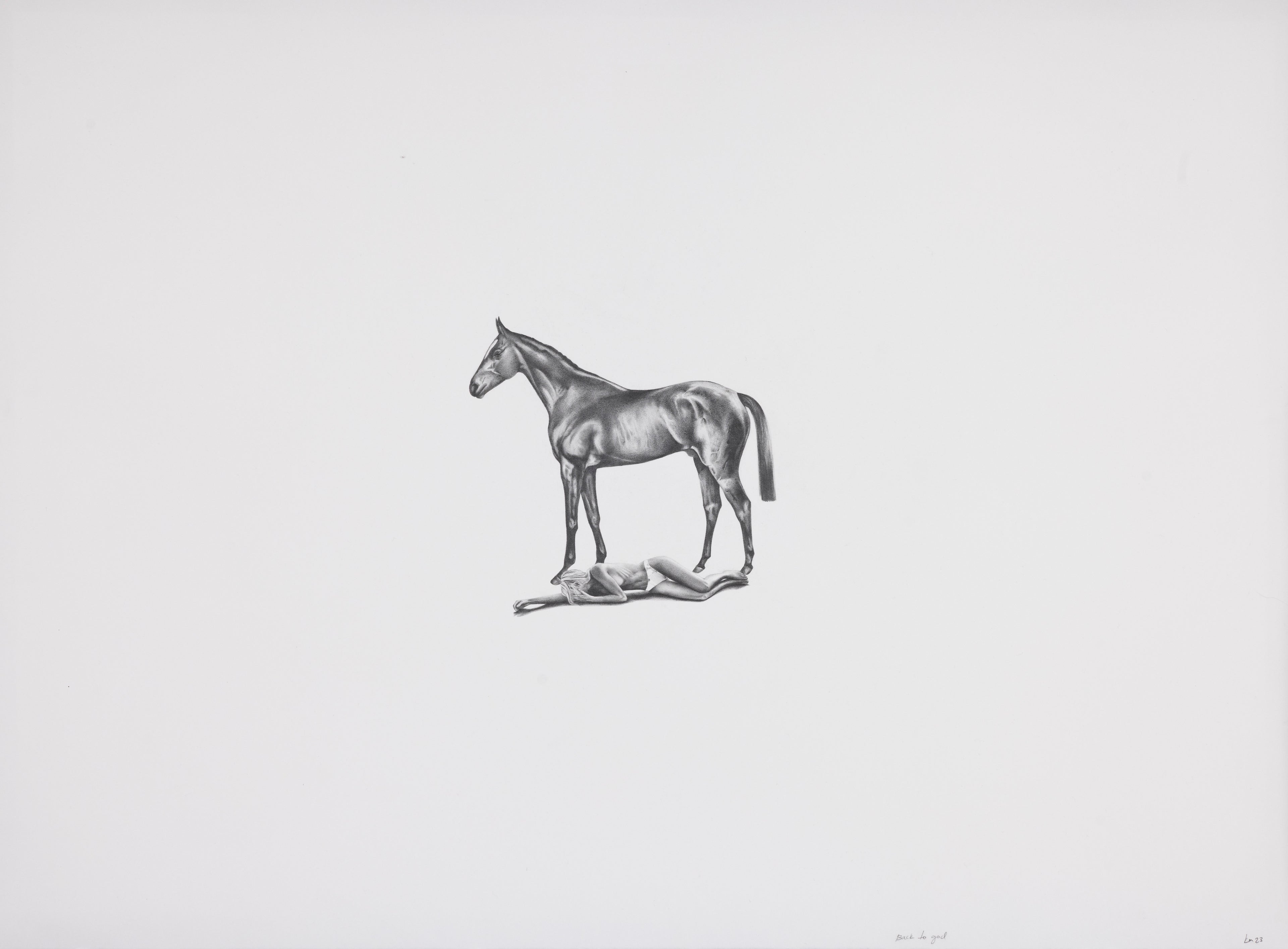 Black and white illustration of a horse with a girl laying on the floor beneath the horse