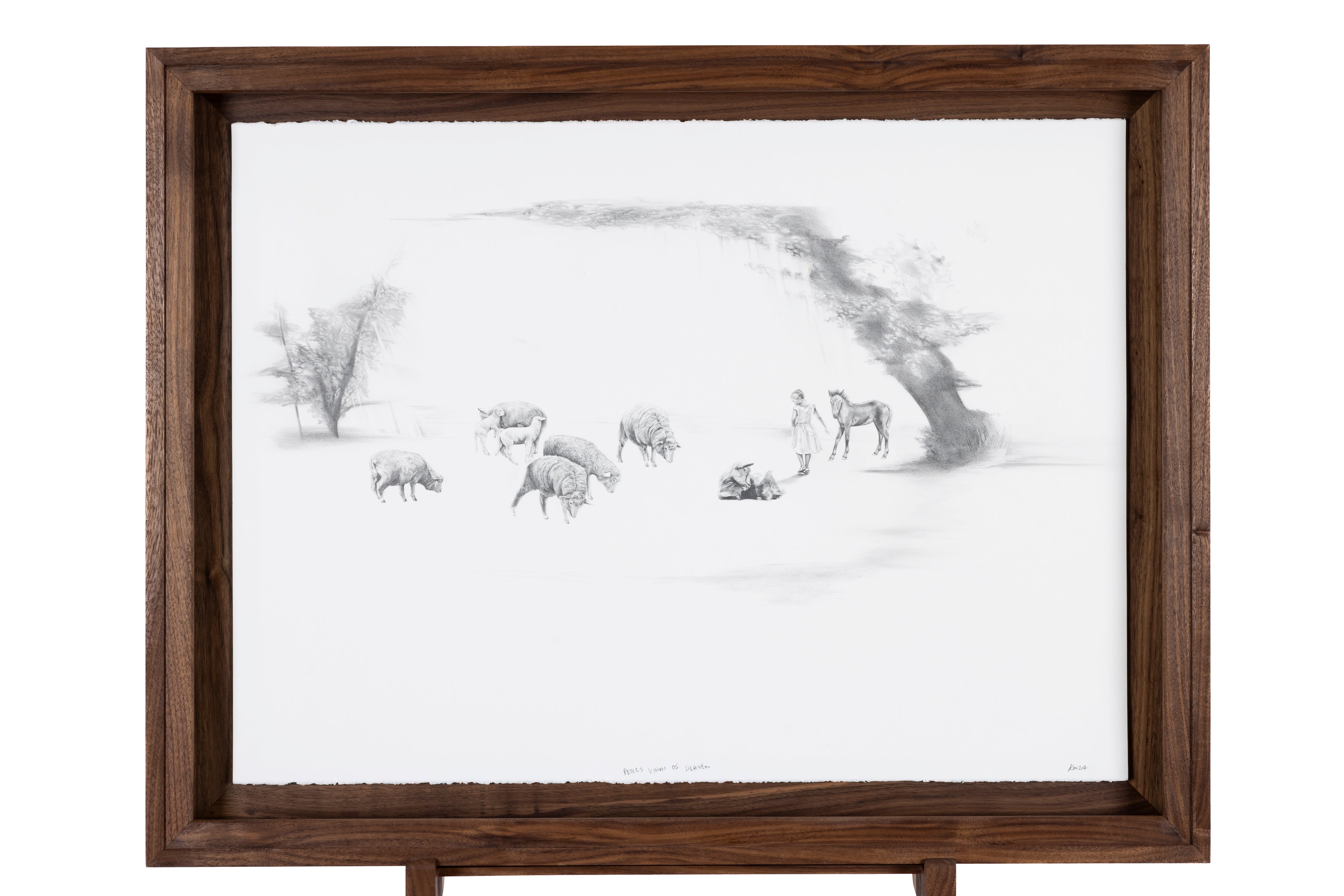 Framed illustration of person and animals in a dreamlike landscape