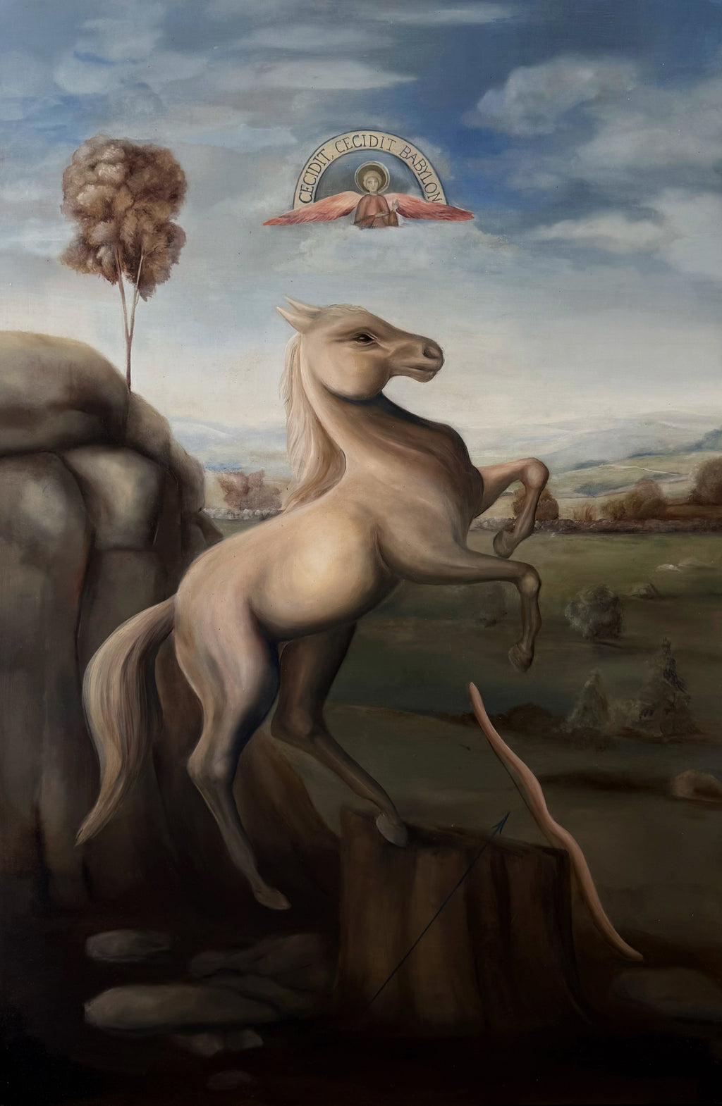 Painting of a horse rearing on a rocky landscape with an angelic figure above by Kate McDuffie