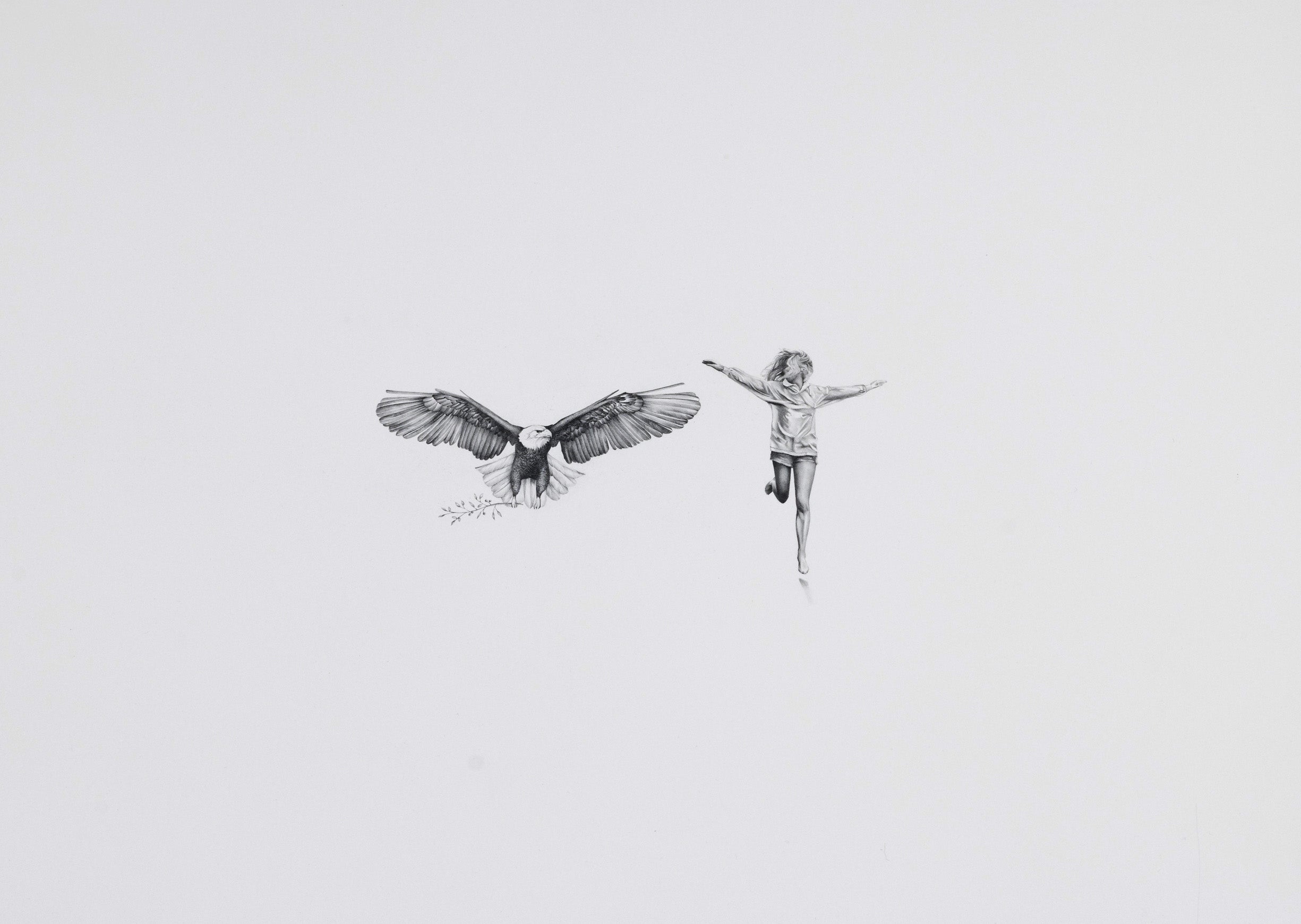 Illustration of a bald eagle taking flight and a person running with outstretched arms